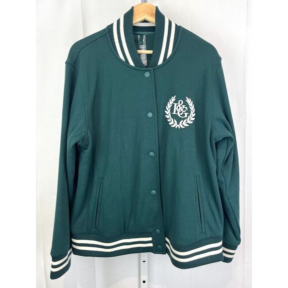 LOU & GREY Loft Crest Varsity Jacket Embroidered Bomber Green White Size L - Picture 8 of 8